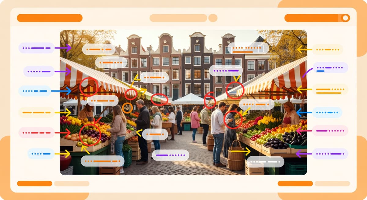 Dutch market scene with color-coded grammar annotations