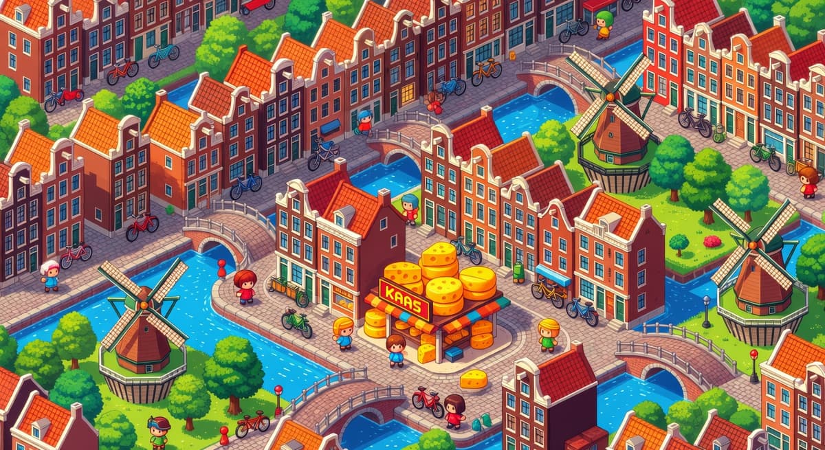 Pixel-art bird's eye view of Dutch Town Amsterdam map