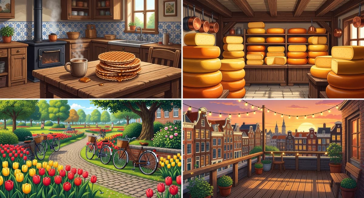 2x2 grid of illustrated game rooms in Dutch Town