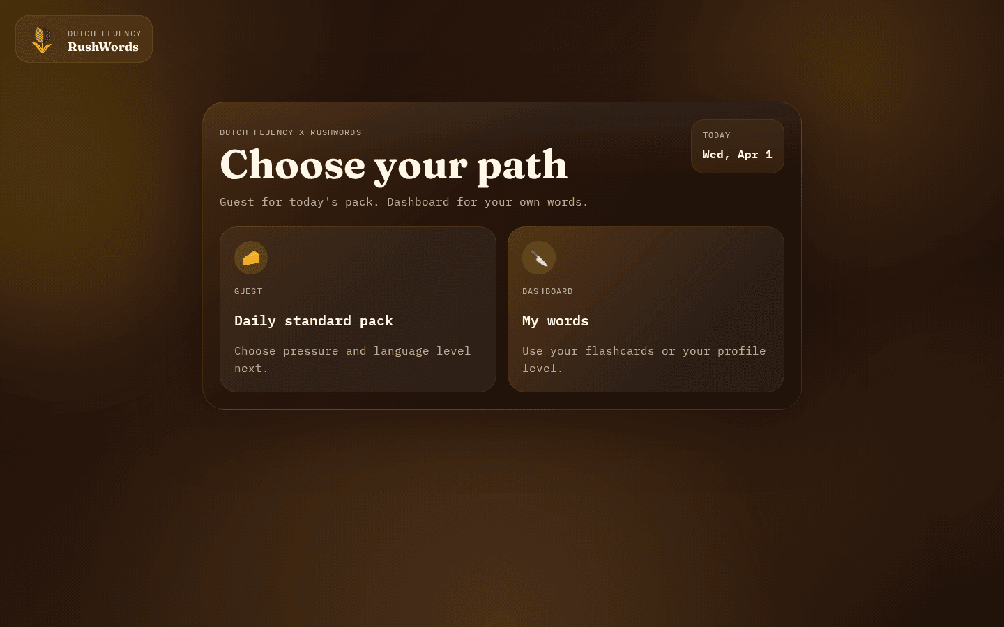 RushWords landing screen