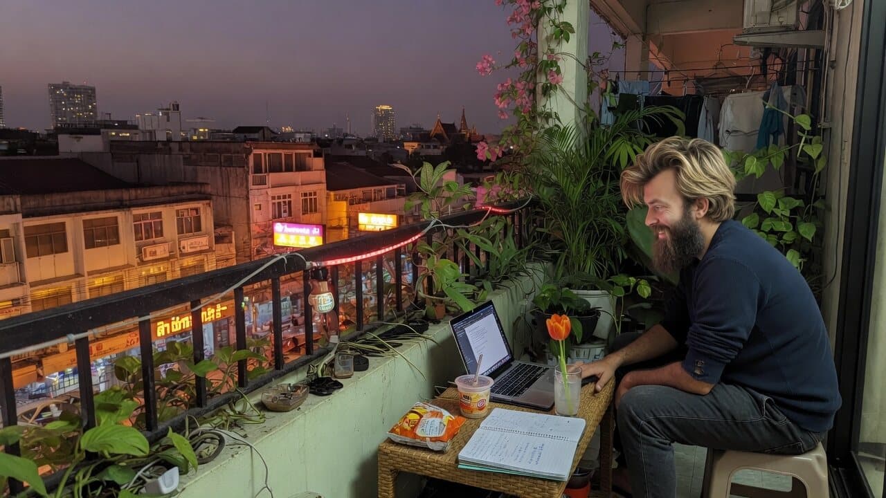 Working on a tropical evening balcony with a laptop, a tulip, and the city still awake.