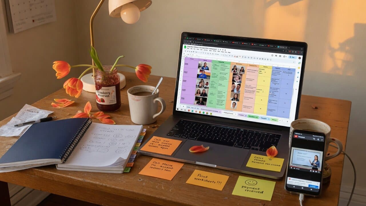 A kitchen table with a laptop full of coloured spreadsheet tabs, tulips, coffee and sticky notes.