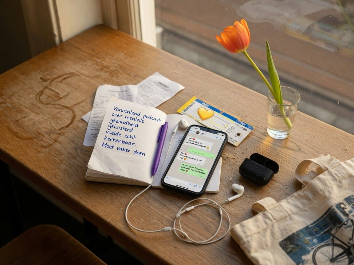 A cafe table with a Dutch journal, headphones, a chat on a phone, a train ticket and a tulip.