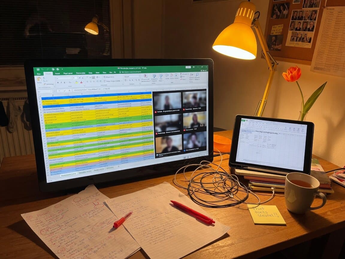 A night desk with a huge spreadsheet of lessons and videos, a second sheet on a tablet, handwritten lists.