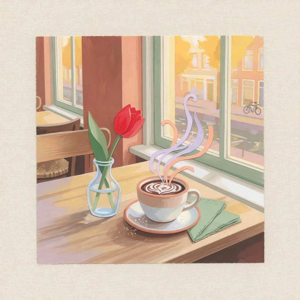 Coffee and a tulip on a café table by the window