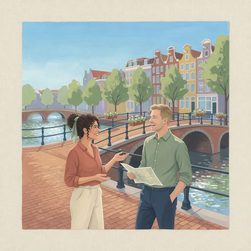 Two people talking by an Amsterdam canal
