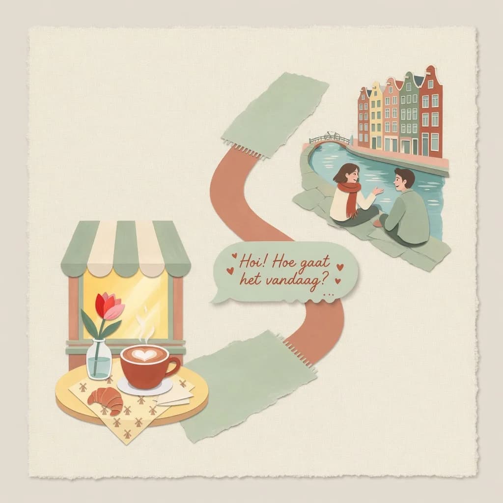 An illustrated path from a café table to the canals