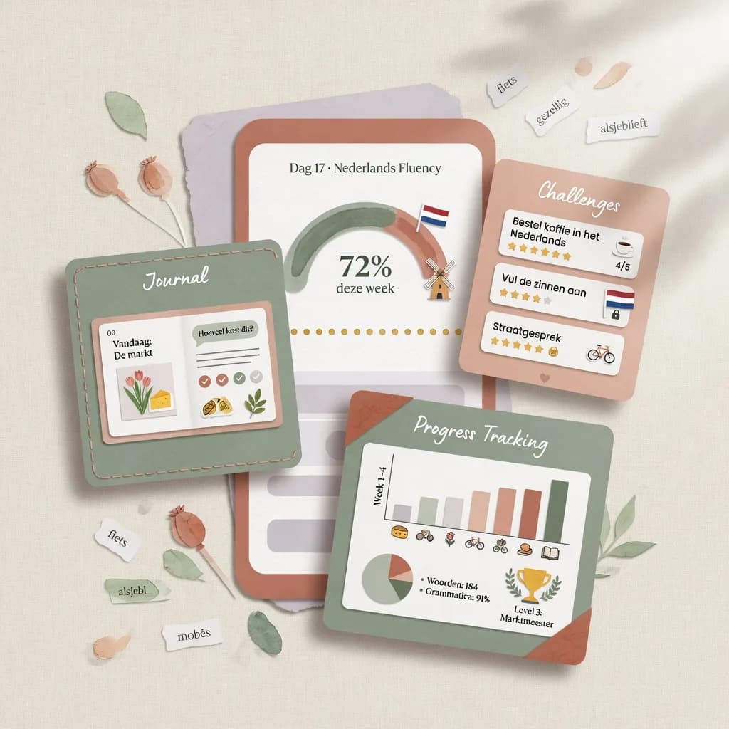 The Dutch Fluency dashboard with journal, challenges and progress
