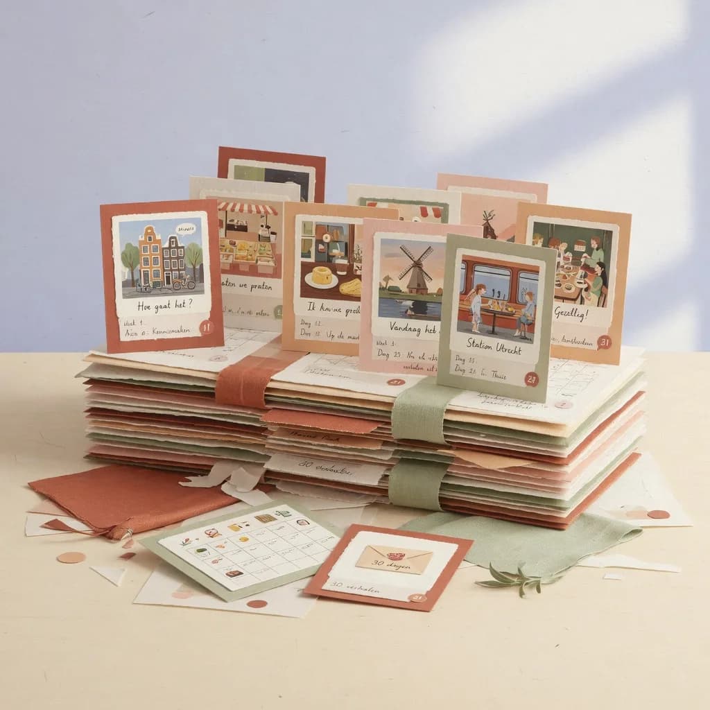 A stack of illustrated Dutch news cards