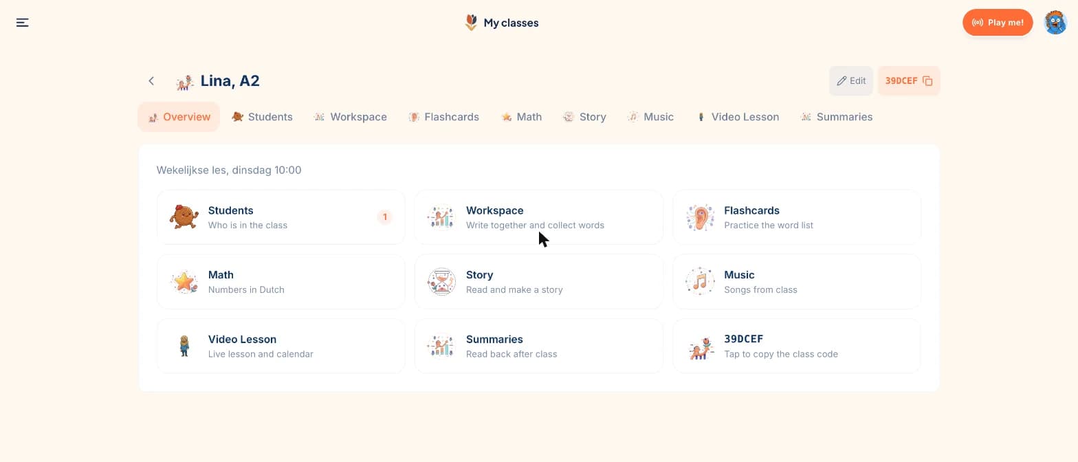 Class overview with all sections of a Dutch Fluency classroom