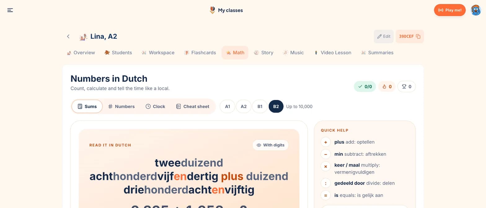 A sum written out in Dutch words, coloured by part