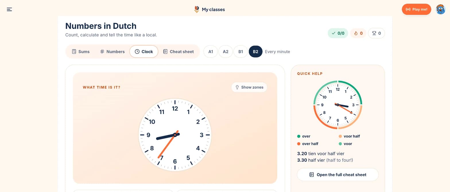 Dutch clock exercise with help on over, voor half and over half