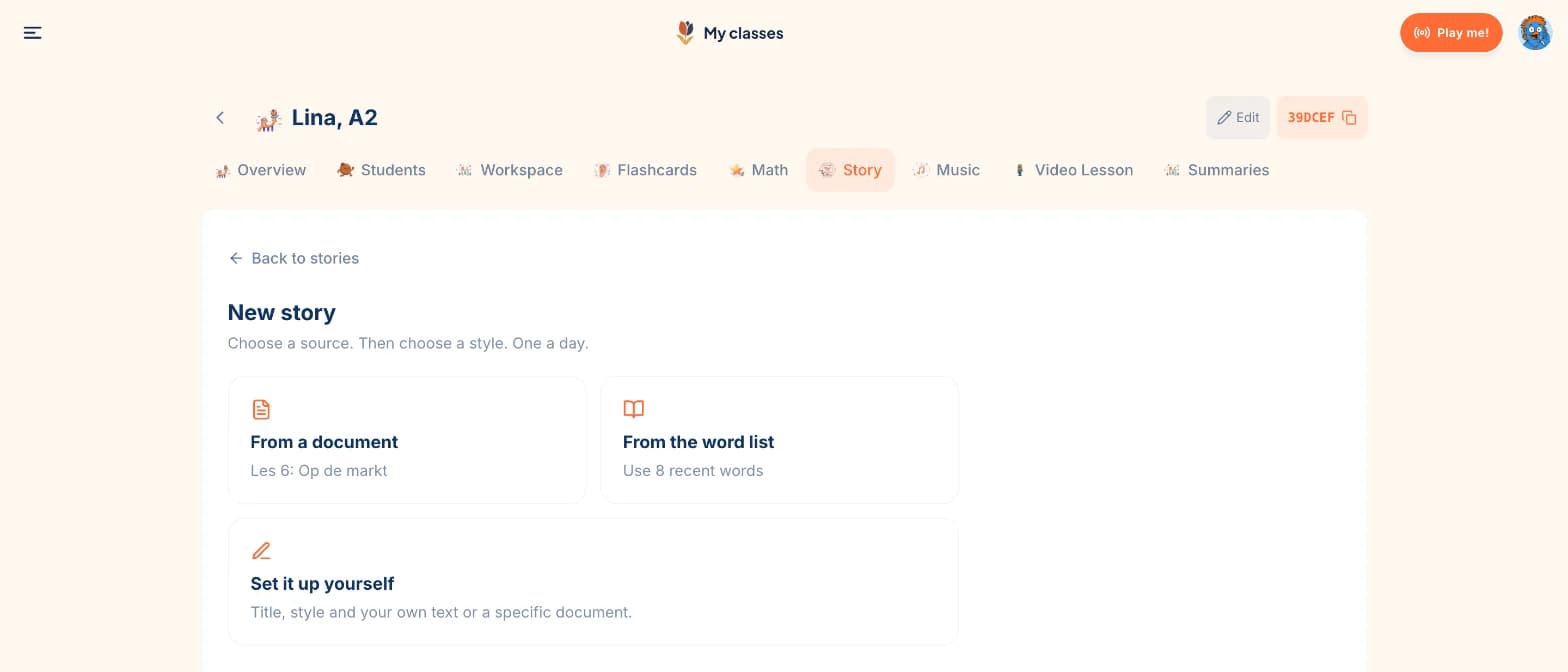 Making a story from a lesson document or the word list