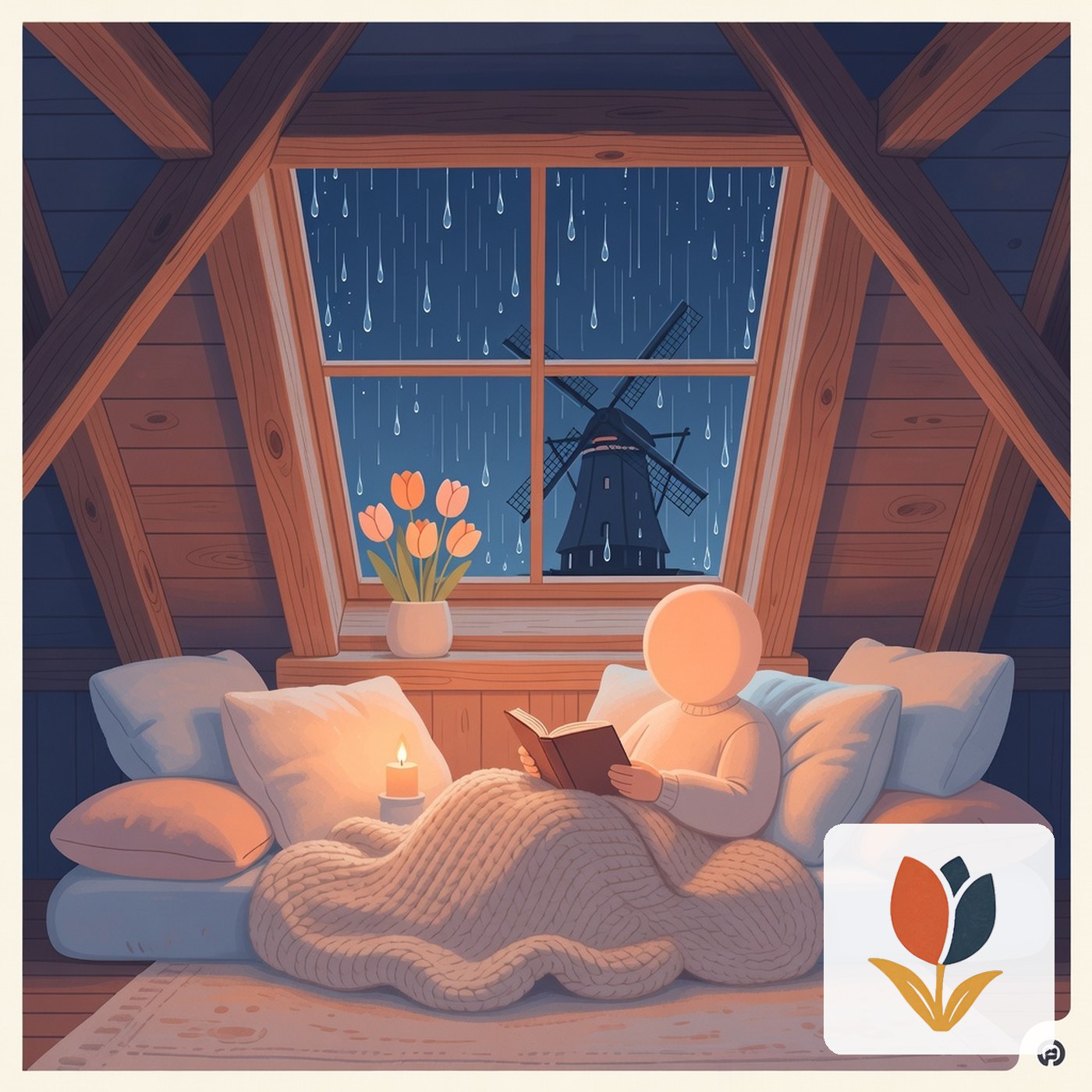 Een zolderkamer met regen op het dak
